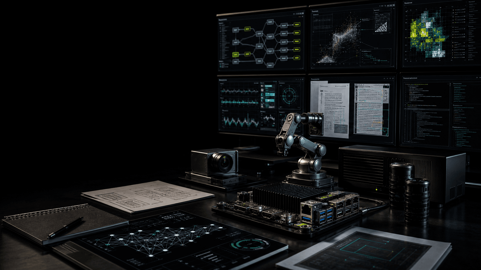 Dark AI engineering workspace with edge hardware, robotics, model dashboards, and document intelligence screens